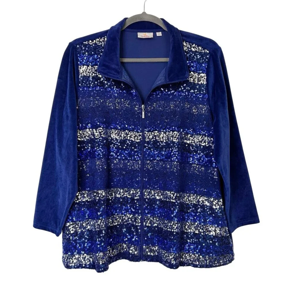 Quacker Factory Velour Zip Jacket Women’s Size 3X‎ Blue Sequin